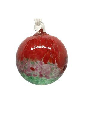 Hand Blown Thick Art Glass Orb 4 inch Ornament Red Pink Green